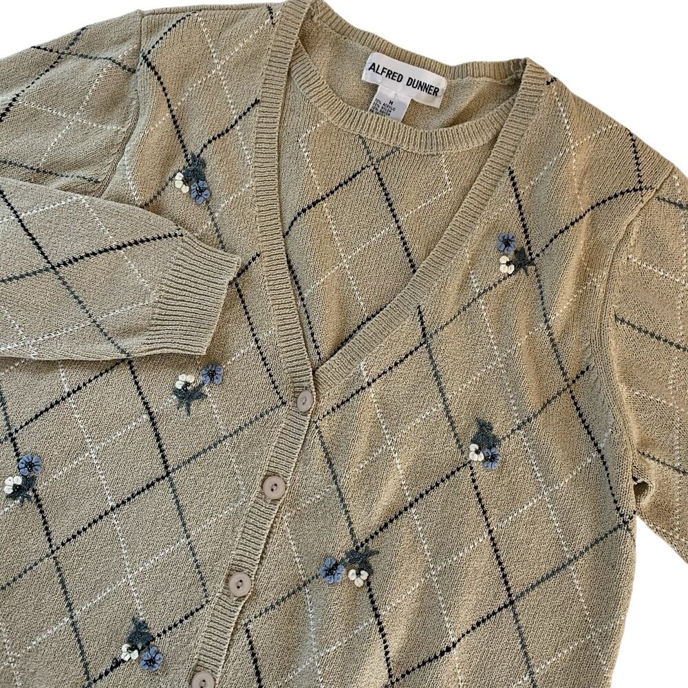 Vintage 90s Alfred Dunner Argyle & Floral Beaded Faux Sweater Set Women’s Medium